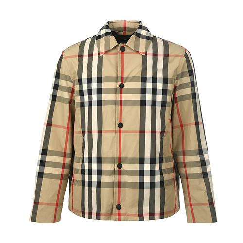burberry/博柏利男士卡其色格纹衬衫领系扣春秋夹克外套