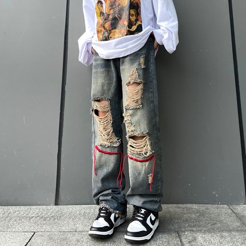 美式街头hiphop破洞牛仔裤女韩版ins嘻哈潮牌宽松牛仔裤