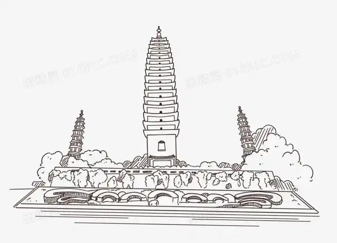 手绘线稿云南崇圣寺三塔免抠元素