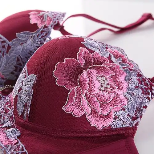 水中花聚拢小胸性感文胸套装牡丹刺绣胸罩提拉侧收薄款女士内衣