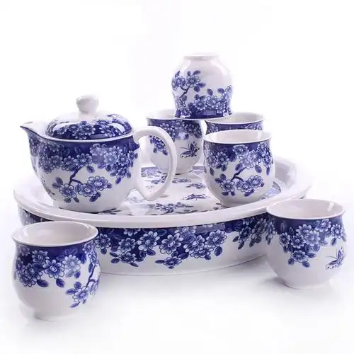 铭宝 景德镇青花瓷茶具 整套陶瓷功夫茶具大茶盘套装 隔热双层杯