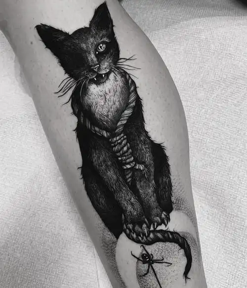 小腿暗黑风猫咪纹身图案