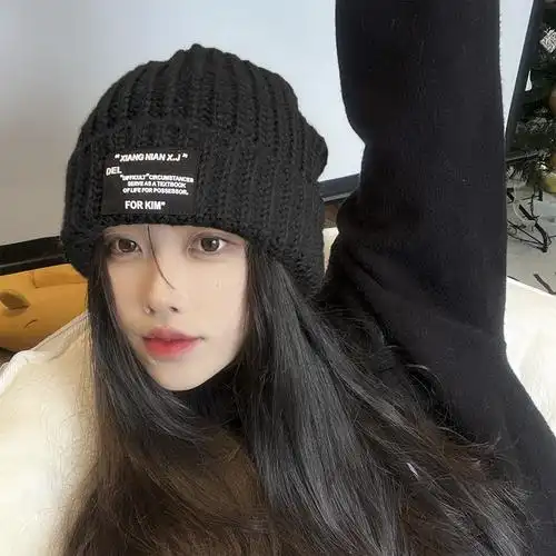 大头围黑色毛线帽女冬时尚新款保暖时尚显脸小冷帽韩国粗针织帽子