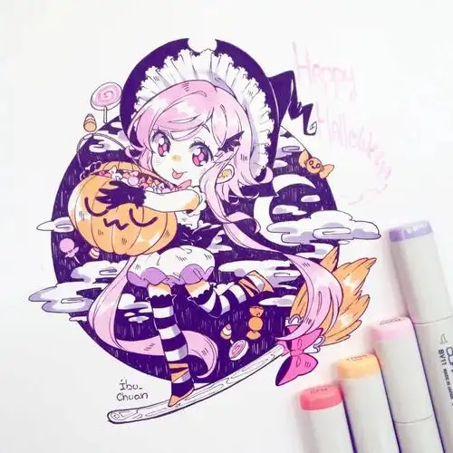 马克笔手绘画师ibuchuan太太最新作品q版可爱动漫少女头发上色小可爱