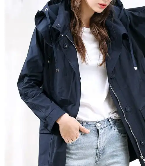 出口欧美英伦中长款工装春装新品宽松休闲夹克带帽风衣大码外套女