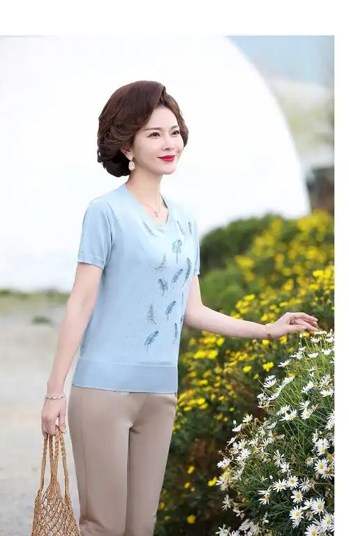 宝莲朵妈妈装新款夏装针织衫t恤中年女士气质短袖上衣中老年女装夏季
