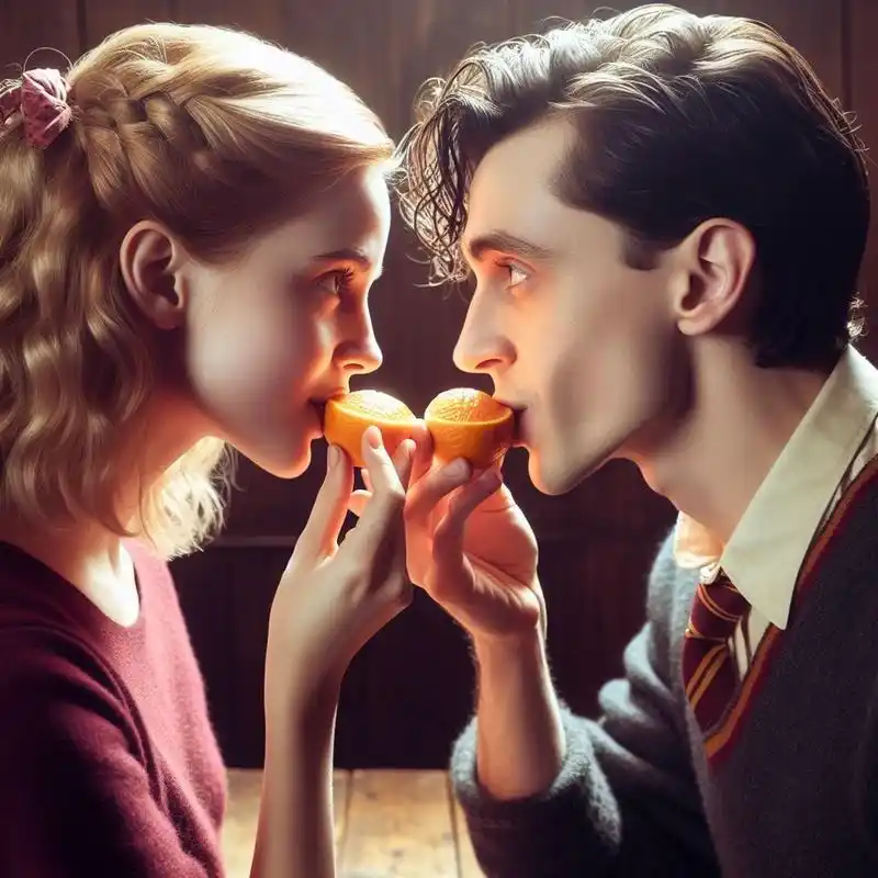 哈利波特的好朋友赫敏与马尔福共享美味砂糖橘,吃出甜蜜幸福