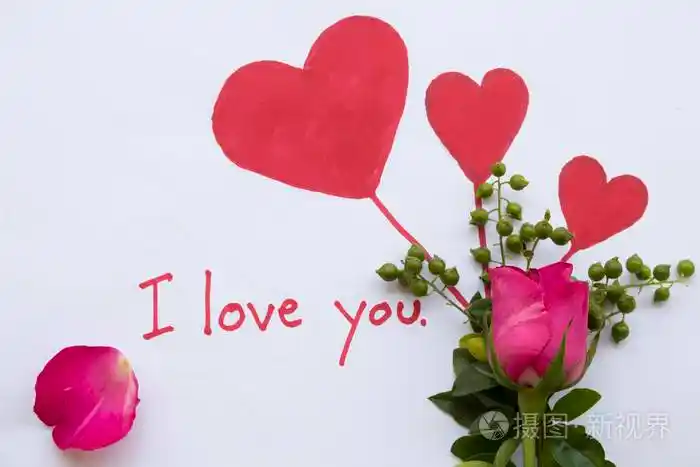 我爱你留言卡上的字迹上面画着红色的心和粉红色的玫瑰花在情人节特别