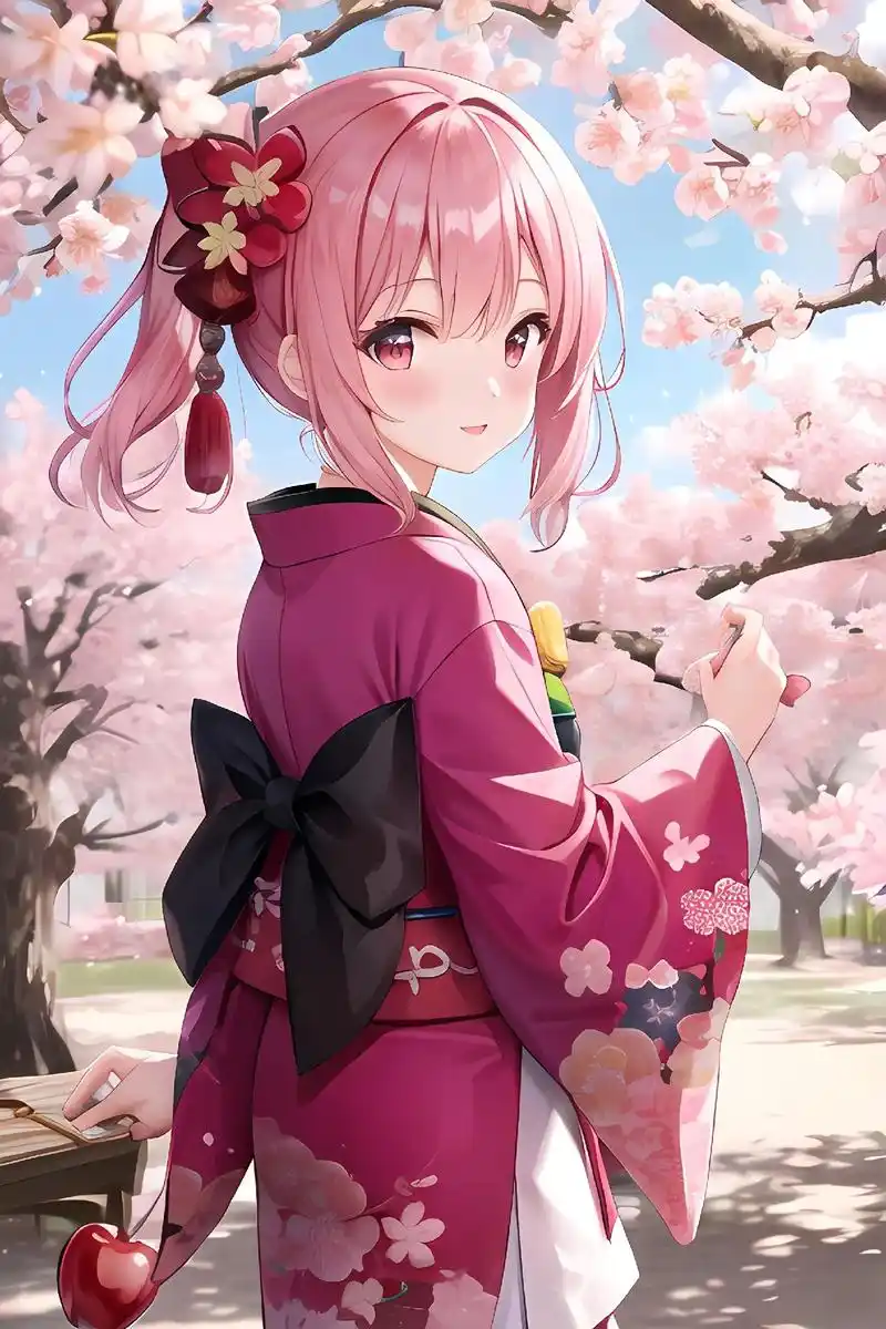 【ai绘画】樱花树下的和服少女#二次元美图 #二次元 #美少 - 抖音