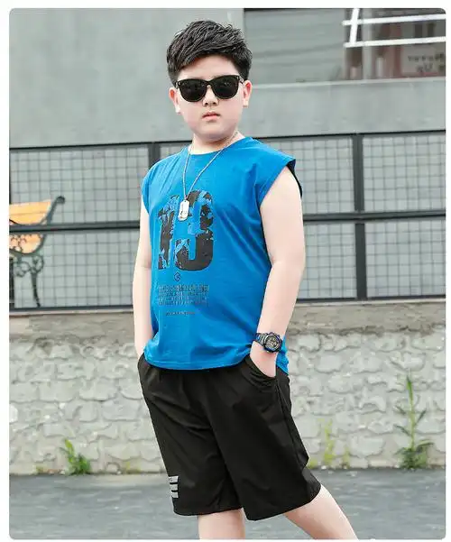 胖男童夏装无袖套装中大童加肥加大胖孩子背心t恤短袖短裤两件套
