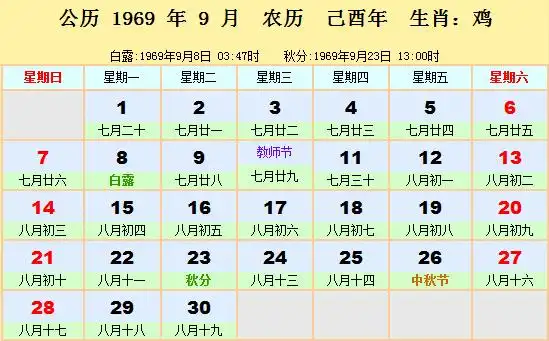 1969年日历表1969年农历阳历表