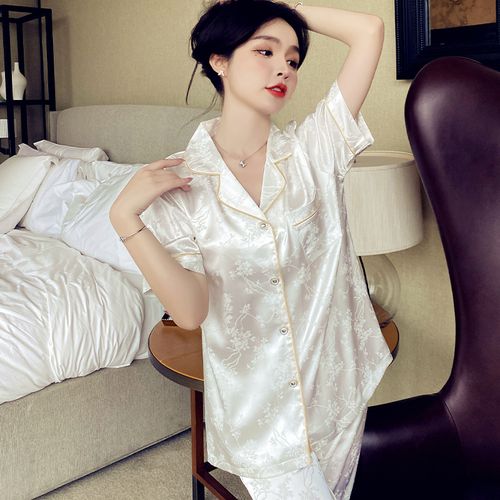 冰丝睡衣夏季气质丝绸薄款短袖长裤大码200斤睡衣