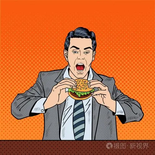 流行艺术商人在工作中吃美味的汉堡. 矢量插图