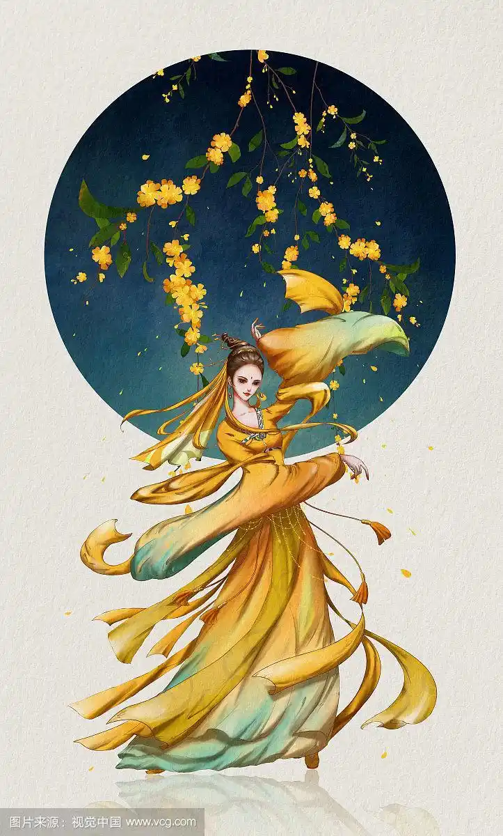明黄色桂花前的俏皮古风女孩 桂花拟人插画