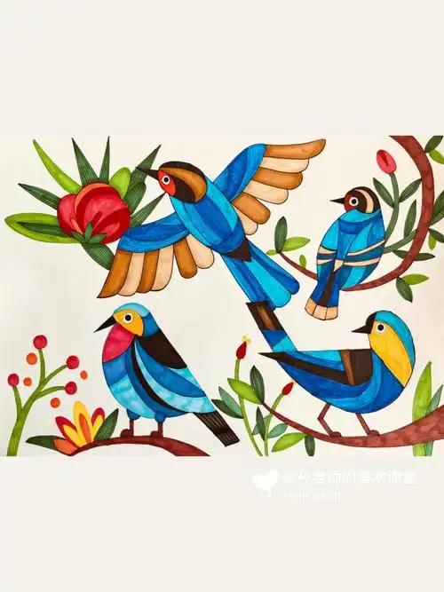 创意美术春天的各种姿态的小鸟线描