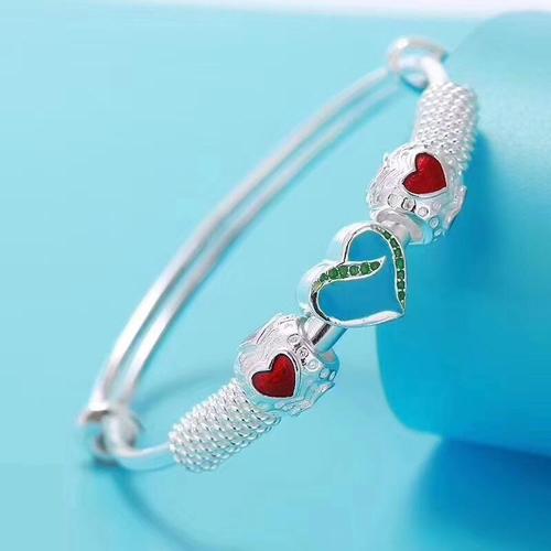 miflame999手镯实心推拉银镯子love爱心银手镯七夕情人节生日礼物