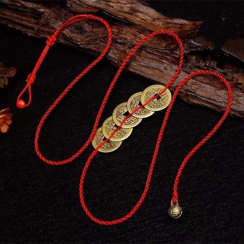 手工编织五帝钱红绳腰链本命年铜钱桃木编织腰带男女款身体链饰品