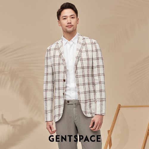 gentspace春季男士格纹麻混纺单排扣单西西服 亚麻色 44
