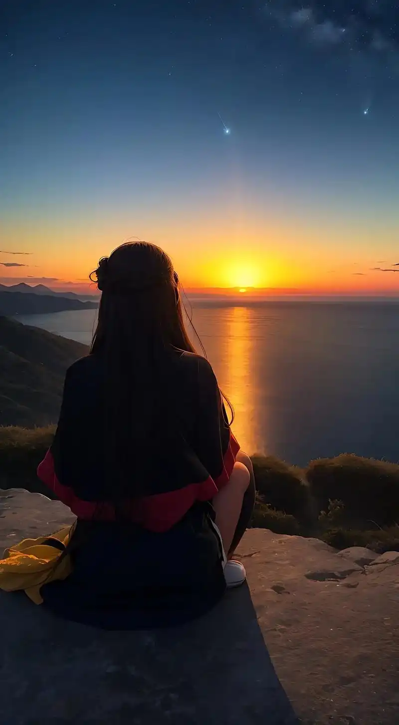 一个漂亮的长头发女孩坐在山顶上,面向大海#落日余晖晚霞醉人  - 抖音