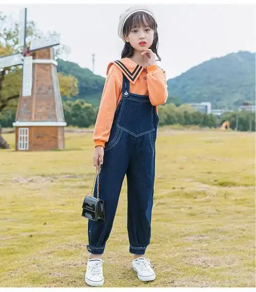 高品质童装冬季裤子女童背带裤套装春秋新款洋气宽松新