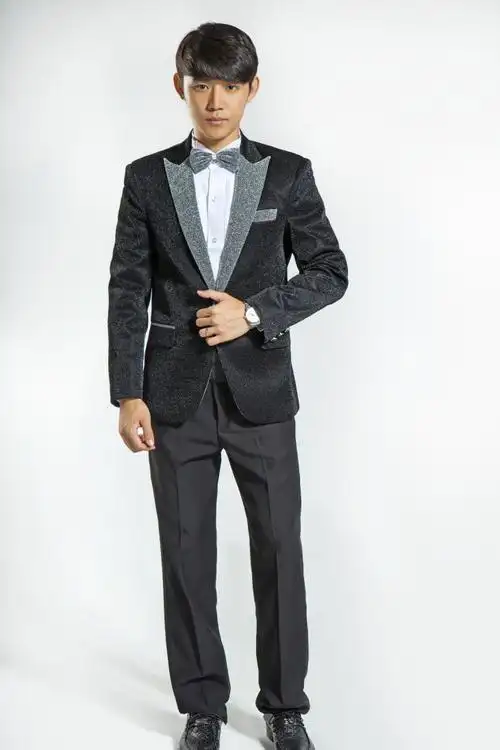 婚礼新郎高档男士礼服 银黑色满天星闪亮片西服套装 演出主持男装