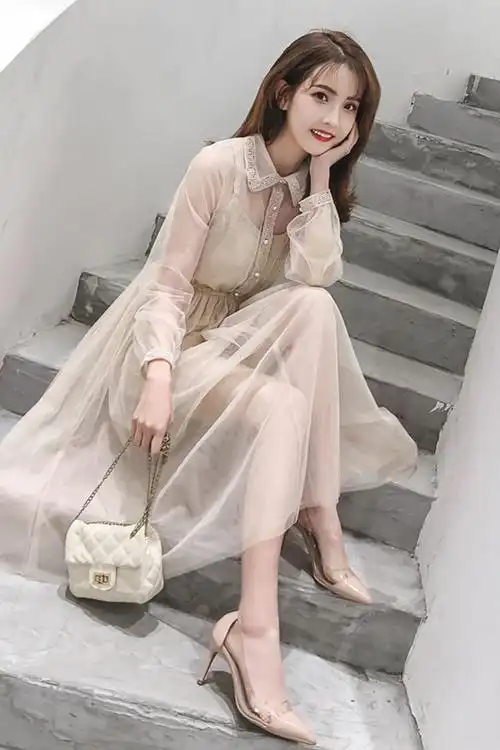 2019春装新款性感网纱收腰显瘦大裙摆连衣裙女 打底蕾丝吊带裙百搭