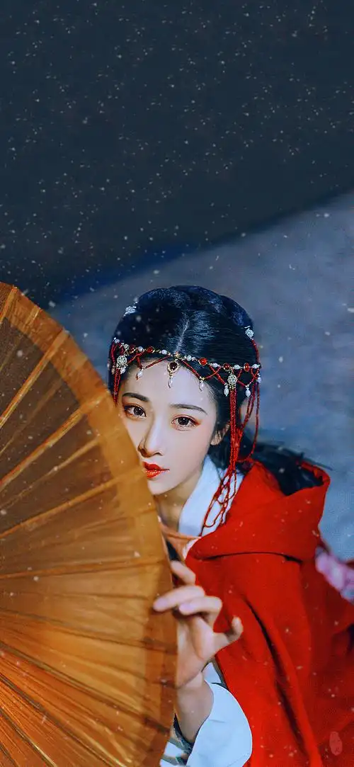 雪中撑伞的红披风古风美女手机壁纸