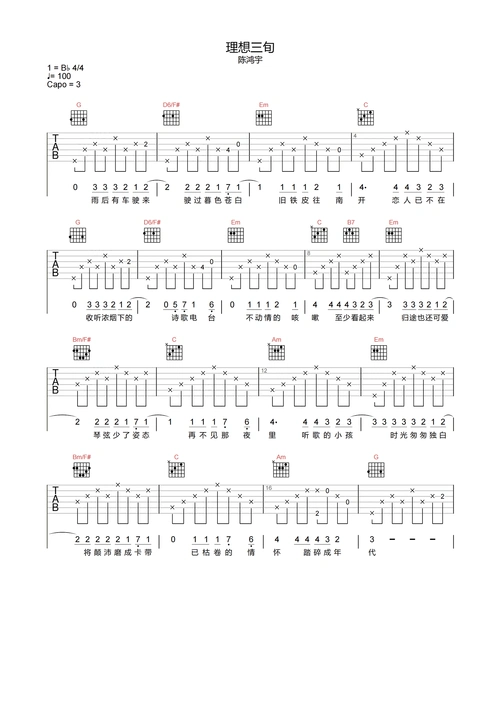 理想三旬吉他谱-陈鸿宇-g调原版弹唱谱-附pdf图片谱