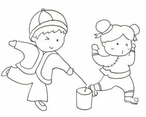 卡通儿童简笔画手绘元素放鞭炮的小男孩春节简笔画图片一家人放鞭炮
