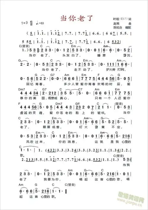 当你老了 赵照 歌谱简谱网