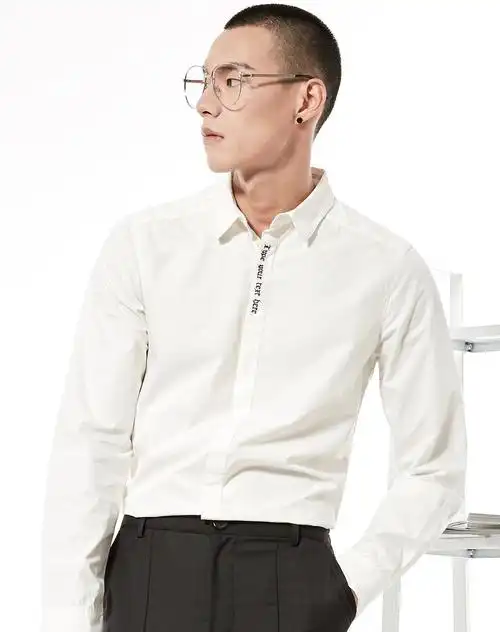 新款男装潮流修身简约时尚门襟绣花翻领长袖男衬衫