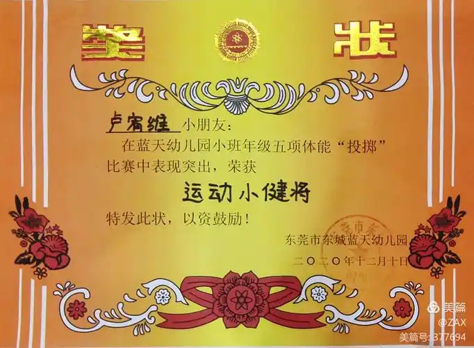 荣获幼儿园奖状《运动小健将》