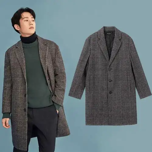 丁海寅韩国明星同款2019冬mind bridge深棕色外套千鸟格时尚大衣