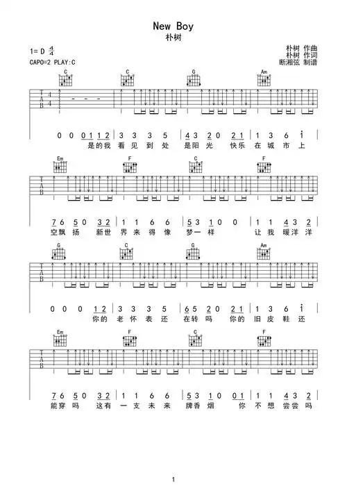 newboy吉他谱c调六线谱朴树高清图片谱