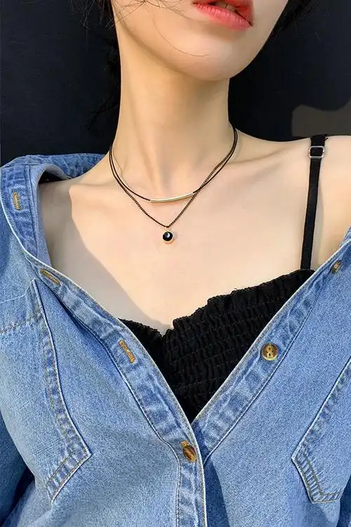 黑色皮绳项链女双层 项圈简约气质 欧美性感暗黑轻奢小众锁骨链颈带
