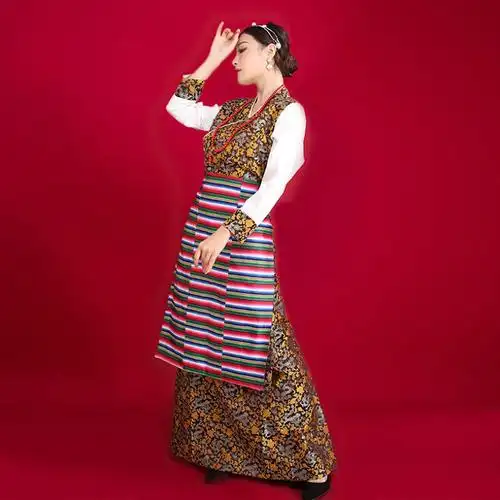藏装女西藏服新款藏族服装拉萨服民族风藏式博拉舞蹈裙旅拍藏服龙纹黄