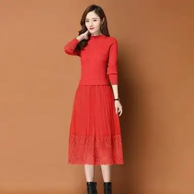 针织连衣裙女2020春秋新款蕾丝网纱a字裙高腰圆领减龄中长裙