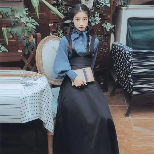 民国风女装大小姐复古衣服宫廷风早秋小洋装背带连衣裙套装小礼服