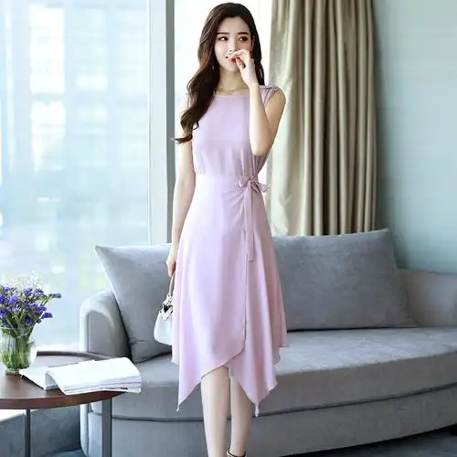 雪纺连衣裙时尚套装女夏女士新品显瘦两件套裙子无袖粉色气质长裙