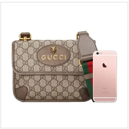 古驰 19秋冬 女士米色帆布logo印花条纹编织带小号单肩斜挎邮差包