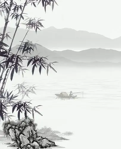 宁静致远背景墙壁画&效果图_一叶扁舟山水间意境_中式山水壁画_jcc