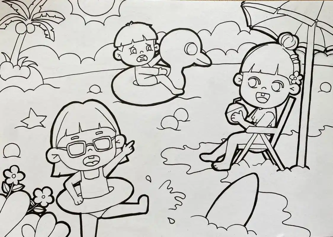 儿童画 原创主题画《夏日沙滩9215》6 人物偏小 云朵换色 铁子们