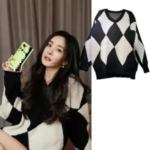 杨幂明星同款衣服v领菱形格子毛衣女宽松套头针织衫春秋冬款外穿