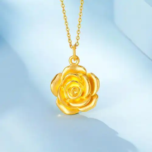 梦金园玫瑰花足金吊坠优雅花朵黄金吊坠硬金挂坠礼物配链送女士生日