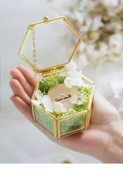 戒指盒交换结婚礼盒仪式森系永生花创意钻单对戒盒枕玻璃托盘首饰红色