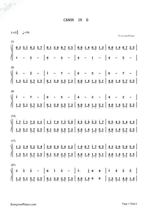 卡农简单好听版eop教学曲双手简谱预览1