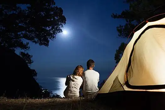 剪影,情侣,月夜,靠近,帐蓬,看,月亮,夜晚