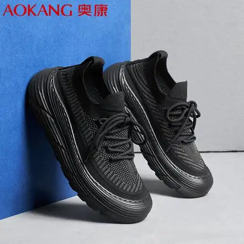 奥康男士休闲鞋夏季新款透气网面鞋男系带厚底运动鞋日常时尚跑鞋