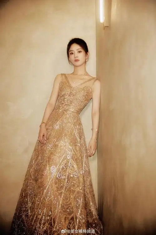 赵丽颖一身高定鎏金镂空礼服裙