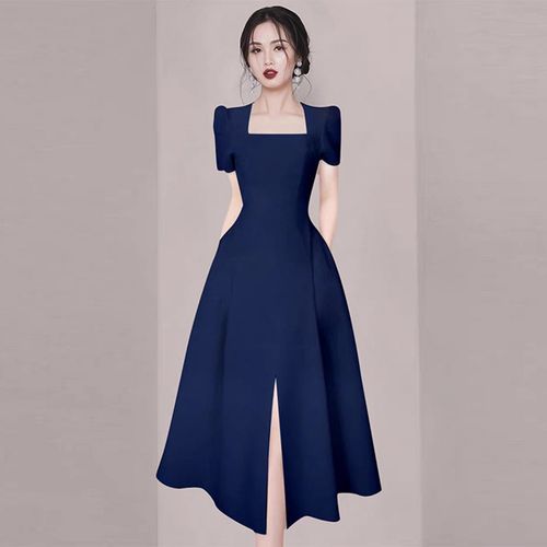 法式赫本风洋气藏蓝色连衣裙女2023秋季新款女神范气质显瘦中长裙